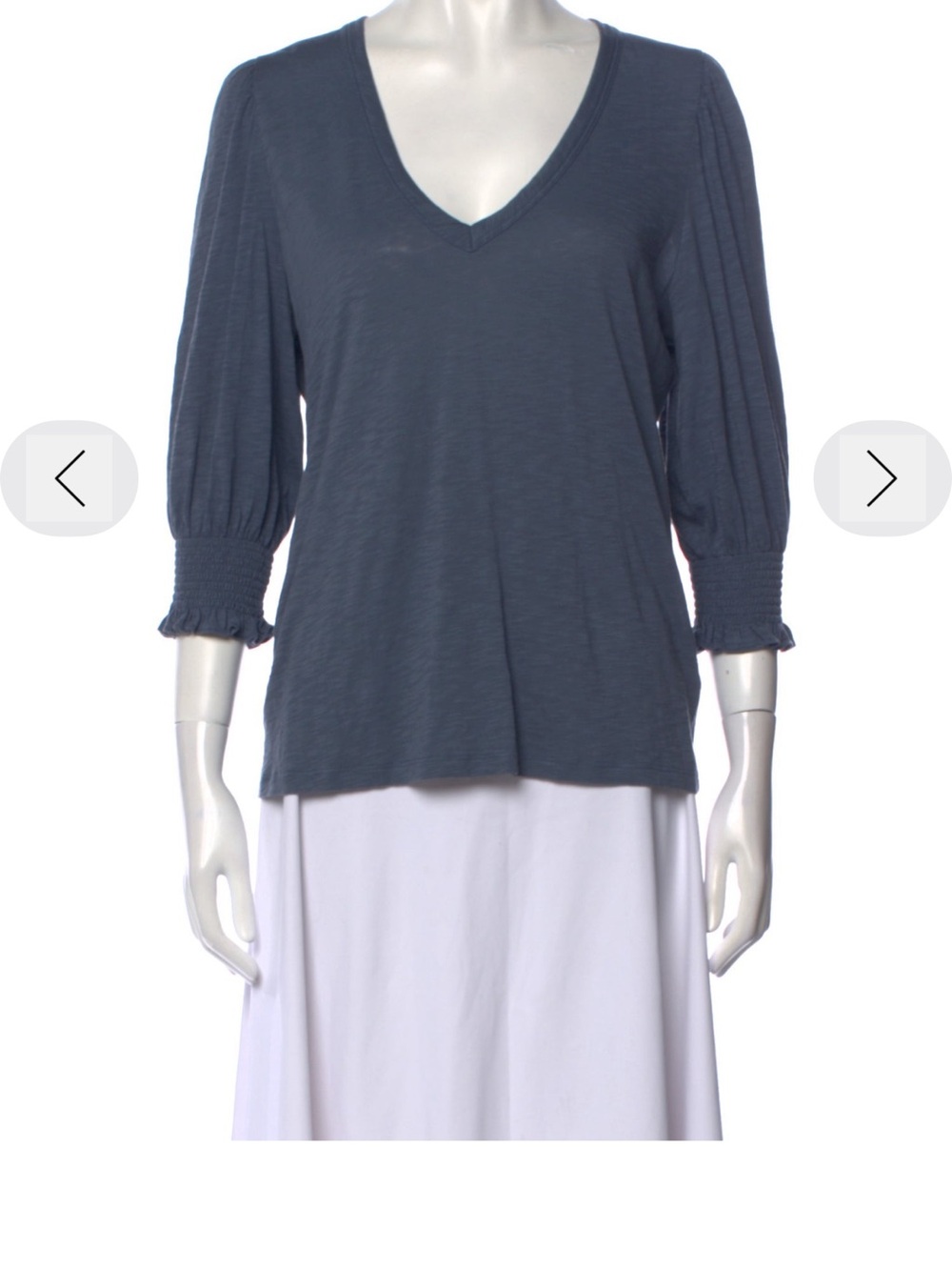 Veronica Beard Slate Blue V-Neck Puff Sleeve Top - Pima Cotton - Medium